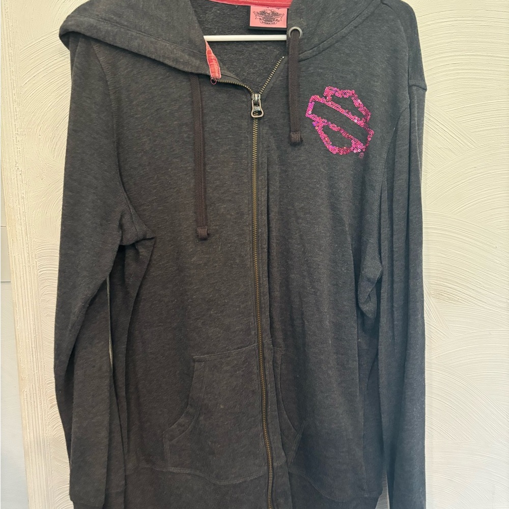 Gray Zip-Up Harley Davidson Hoodie with Pink Logo